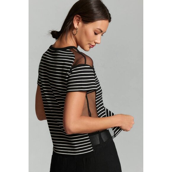 NWT Maeve Anthropologie Tulle-Inlay Tee Sz XS Black White Striped - Picture 10 of 11